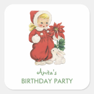 Kerstmis: Cute Retro Girl Red Poinsettia Vierkante Sticker