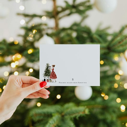 Kerstmis Damesfiguur met Kat Persoonlijk Notitiekaartje