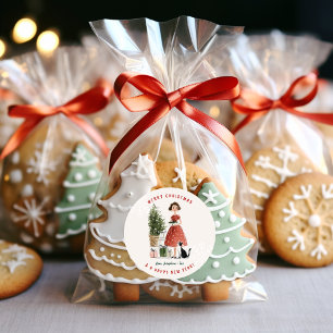 Kerstmis Damesfiguur met Kat Persoonlijk Ronde Sticker