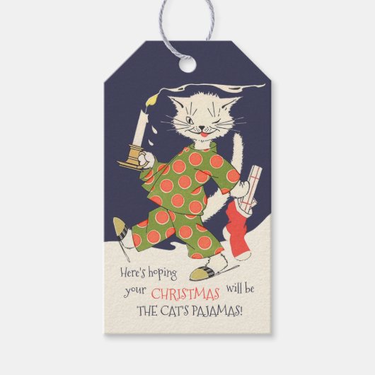 Kerstmis De pyjama van de kat Funny  CC0441 Cadeaulabel (Voorkant)