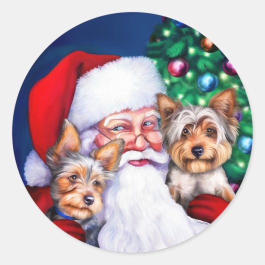 Kerstmis, de Yorkies van de kerstman Ronde Sticker (Voorkant)