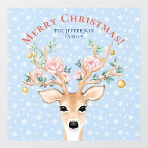 Kerstmis Deer Holly Floral Antler Waterverf Snow Raamsticker