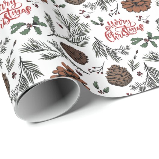 Kerstmis denneappels en hulstbessen op ambachtelij cadeaupapier (Rol Hoek)