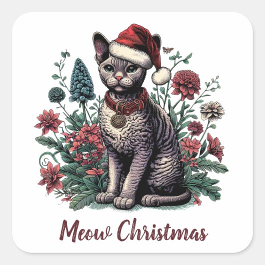 Kerstmis Devon Rex Kat: Santa Hoed en Bloemen Vierkante Sticker (Voorkant)