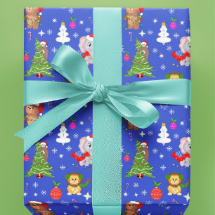 Kerstmis Dierentuin Dieren In Hemelsblauw Cadeaupapier