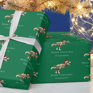 Kerstmis Dinosaurus Persoonlijke Jongensnaam Groen Cadeaupapier