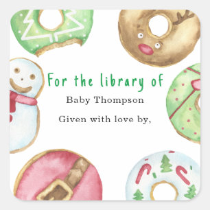 Kerstmis donuts koekjes - baby shower boekplaat vierkante sticker