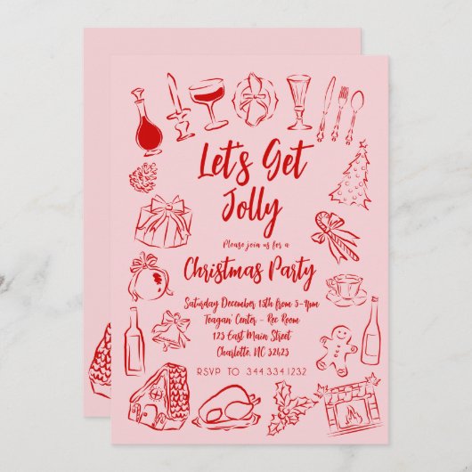 Kerstmis Doodle Uitnodiging, Roze en Rode Uitnodig Kaart (Voorkant / Achterkant)