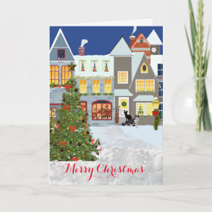 Kerstmis dorp en boom groet binnen kaart