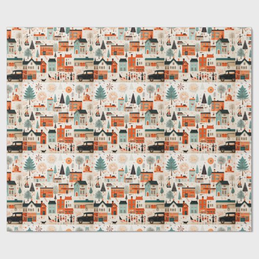 Kerstmis dorp Midden-Jaren 50 stijl Cadeaupapier (Vlak)