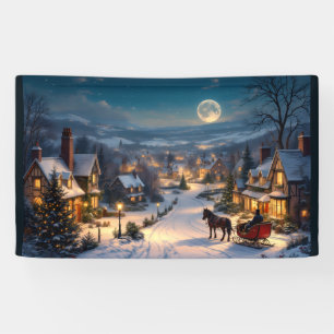 Kerstmis dorp 's nachts Sneeuw slee paard Spandoek