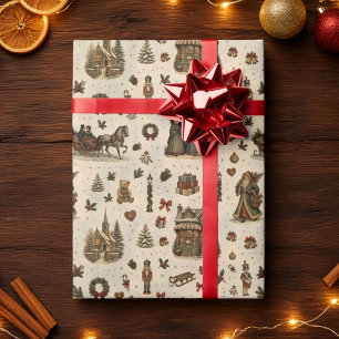 Kerstmis dorp slee carolers crème vintage cadeaupapier