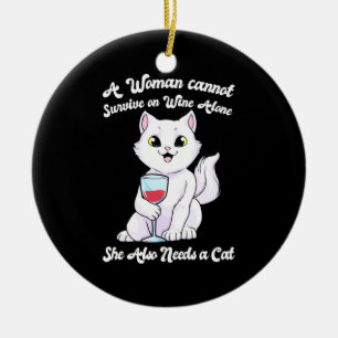 Kerstmis  Een vrouw leeft op wijn en kat Keramisch Ornament