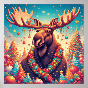 Kerstmis eland versierd met kerstversiering poster