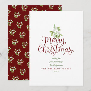 Kerstmis Elegant Schrift Misteletoe Burgundy Feestdagenkaart