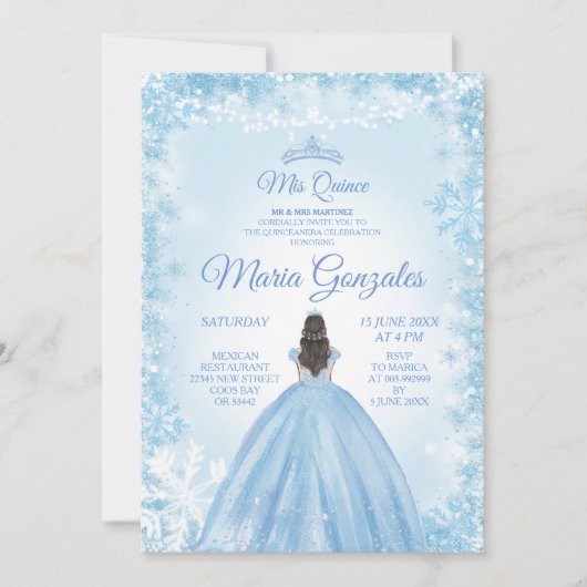 Kerstmis en Winter Mis Quince Blue Invite Kaart (Voorkant)