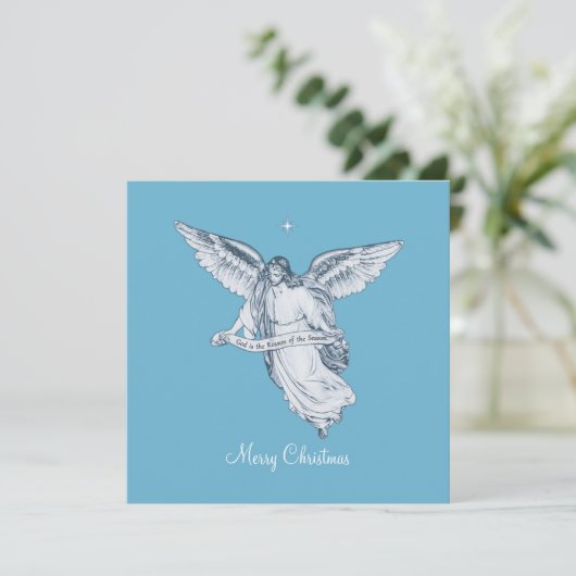 Kerstmis Engel met bericht op lichtblauw (Staand voorkant)