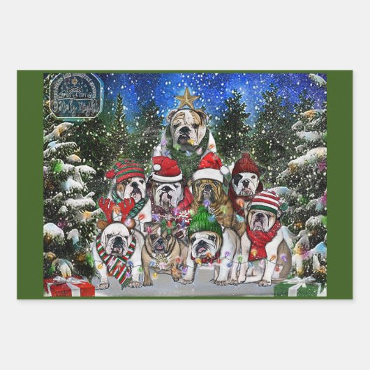 Kerstmis Engelse Bulldog Tree Inpakpapier Vel (Voorkant)