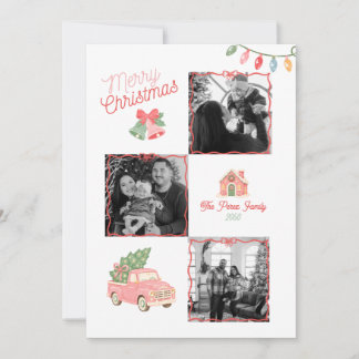 Kerstmis Familie Vier Foto Collage Retro Roze Rood Feestdagenkaart