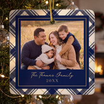 Kerstmis familiefoto in marineblauwe ruit