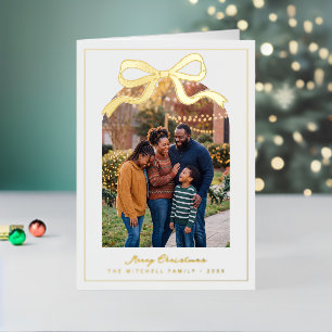 Kerstmis familiefoto met folieboog in lijst folie feestdagenkaart