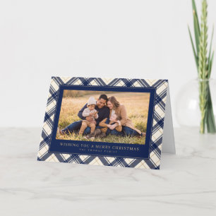 Kerstmis familiefoto met marineblauwe ruitrand feestdagen kaart
