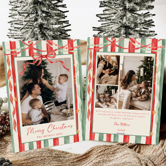 Kerstmis familiefoto met vintage streepboog feestdagenkaart