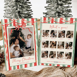 Kerstmis familiefoto met vintage streepboog feestdagenkaart