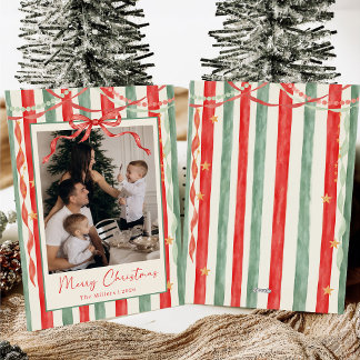 Kerstmis familiefoto met vintage streepboog feestdagenkaart