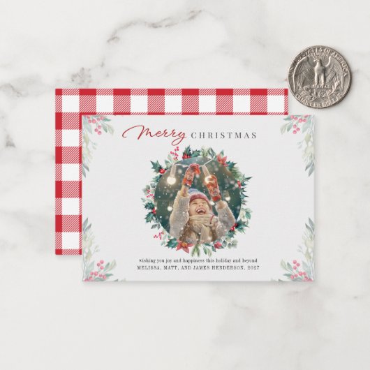 Kerstmis Familiefoto Rode Bessen Plaid Notitiekaartje (Voorkant / Achterkant in situ)