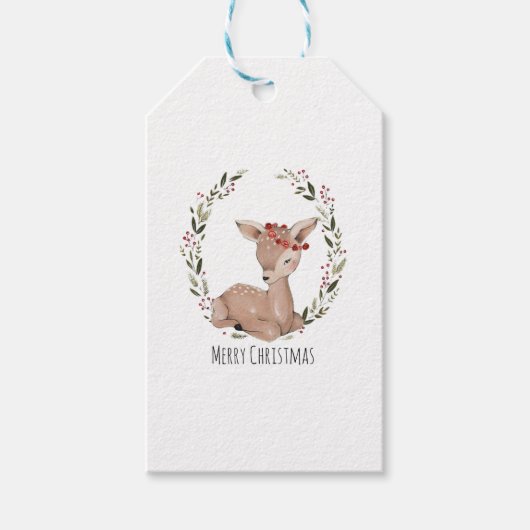 Kerstmis Fawn Wreath Cadeaulabel (Voorkant)