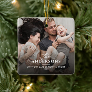 Kerstmis/Feest Familie Naam & Bericht 2-Foto Keramisch Ornament