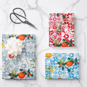 Kerstmis, feestelijk, maretak, mediterrane tegels, inpakpapier vel