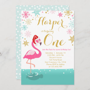 Kerstmis Flamingo Birthday-uitnodiging wintersneeu Kaart