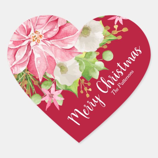 Kerstmis: Floral Red Holiday Hart Sticker (Voorkant)
