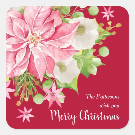 Kerstmis: Floral Red Holiday Vierkante Sticker (Voorkant)