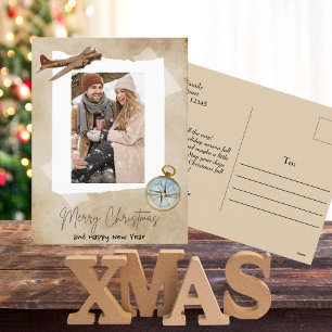 Kerstmis foto, vintage vliegtuig & kompas feestdagenkaart