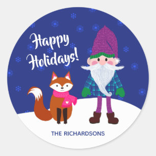 Kerstmis: Fox Snowflakes, Midnight Blue Ronde Sticker