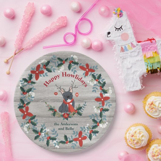 Kerstmis Franse Bull Dog Antlers Rustic Greenery Papieren Bordje (Feest)