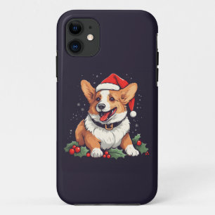 Kerstmis Gelukkige Corgi in Kerstmishoed met hulst iPhone 11 Hoesje