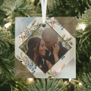 Kerstmis Gepersonaliseerde Winter Berry Foto Glas Ornament
