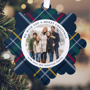 Kerstmis geruit eenvoudig twee ronde foto vakantie ornament kaart