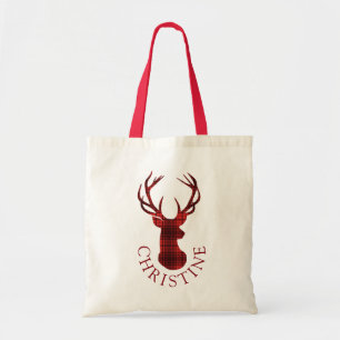 Kerstmis geruite herten hoofd silhouet monogram tote bag