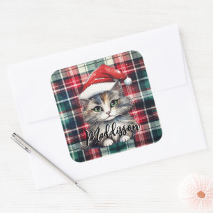 Kerstmis geruite kerstkat met naam vierkante sticker