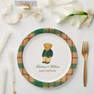 Kerstmis geruite preppy beer babyshower papieren bordje
