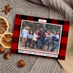 Kerstmis gezinsvakantie geruite fotokaart feestdagenkaart