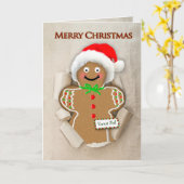 Kerstmis, Gingerbread Man Santa Hat Kaart (Gele Bloem)