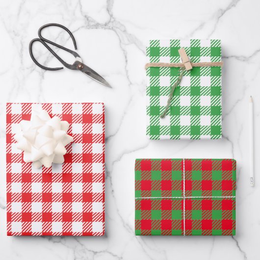 Kerstmis Gingham Trio Inpakpapier Vel (Voorkant)