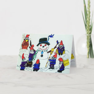 KERSTMIS, GNOMEN BOUWT EEN KAART VAN DE SNEEUWMAN