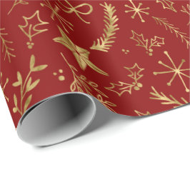Kerstmis - Gold Shimmer Xmas Pattern - RED Cadeaupapier